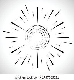 Puntos de semitono radiales en forma de círculo para libros de historietas . fuegos artificiales Fondo de explosión . Ilustración vectorial. Starburst
 logotipo redondo. Elemento de diseño circular. Resumen Rayos de estrellas geométricas . Salto de sol.