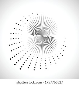 Puntos de semitono radiales en forma de círculo para libros de historietas . fuegos artificiales Fondo de explosión . Ilustración vectorial. Starburst
 logotipo redondo. Elemento de diseño circular. Resumen Rayos de estrellas geométricas . Salto de sol.