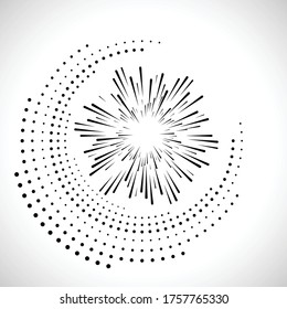 Radial halftone dots in Circle Form for comic books . fireworks Explosion background . Vector Illustration . Starburst
 round Logo . Circular Design element . Abstract Geometric star rays . Sunburst .