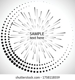 Radial halftone dots in Circle Form for comic books . fireworks Explosion background . Vector Illustration . Starburst
 round Logo . Circular Design element . Abstract Geometric star rays . Sunburst .