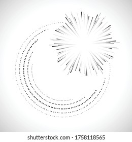 Puntos de semitono radiales en forma de círculo para libros de historietas . fuegos artificiales Fondo de explosión . Ilustración vectorial. Starburst
 logotipo redondo. Elemento de diseño circular. Resumen Rayos de estrellas geométricas . Salto de sol.
