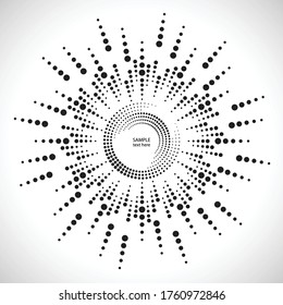 Radial-Halftone Punkte in Circle Form für Comics . Feuerwerk Explosionshintergrund . Vektorgrafik . Starburst
 rundes Logo. Circular Design Element. Abstrakte geometrische Sternchen . Sonnenbrand.