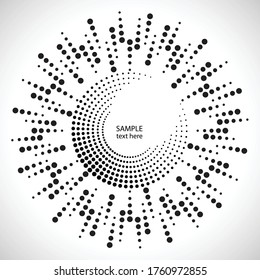 Radial halftone dots in Circle Form for comic books . fireworks Explosion background . Vector Illustration . Starburst
 round Logo . Circular Design element . Abstract Geometric star rays . Sunburst .