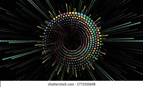 Radial halftone dots in Circle Form for comic books . fireworks Explosion background . Vector Illustration . Starburst
 round Logo . Circular Design element . Abstract Geometric star rays . Sunburst .