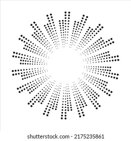 Radial halftone dots in Circle Form. Dotted fireworks explosion background. Starburst round Logo. Circular Design element. Abstract Geometric star rays.