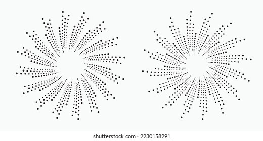 Radial halftone dots in Circle Form. Dotted fireworks Explosion background. Vector Illustration. Circular Design element. Halftone design element.