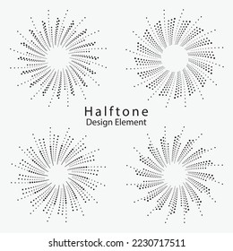 Radial halftone dots in Circle Form for comic books. fireworks Explosion background. Starburst round Logo. Circular Design element. Abstract Geometric star rays. Dotted design elements.