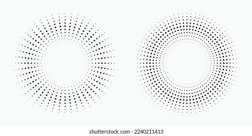 Puntos radiales de semitono en forma circular. Fondo de explosión de fuegos artificiales punteados. Logotipo redondo Starburst. Elemento de diseño circular. Resumen Rayos de estrellas geométricas.