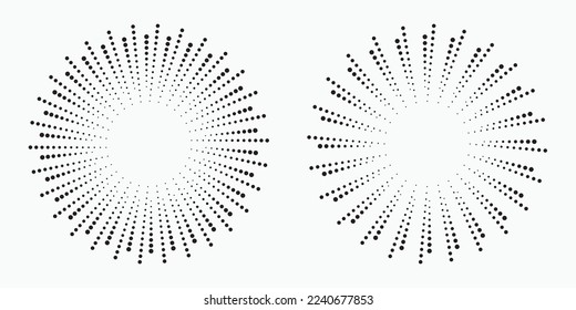 Radial halftone dots in Circle Form. Dotted fireworks Explosion background set. Vector Illustration. Circular Design element. Halftone design element.