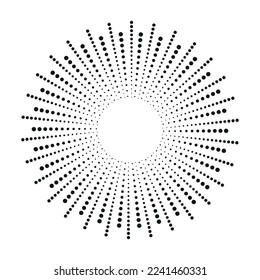 Radial halftone dots in Circle Form for comic books. Fireworks Explosion background. Vector Illustration. Starburst round Logo. Circular Design element.