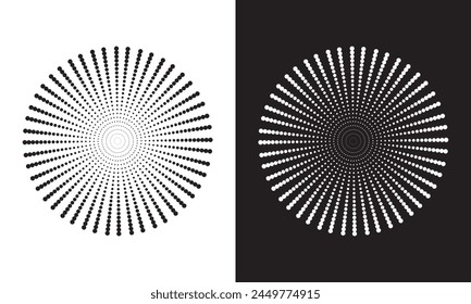 Radial halftone dots in Circle Form. Dotted fireworks explosion background. Starburst round Logo. Circular Design element. Round border Icon using halftone circle dots.
