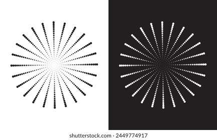 Radial halftone dots in Circle Form. Dotted fireworks explosion background. Starburst round Logo. Circular Design element. Round border Icon using halftone circle dots.