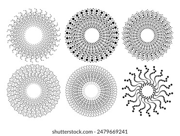 Radial halftone dots in circle form. Fireworks explosion. Circular design elements collection. Abstract geometric star rays. Design element for medical, treatment, cosmetic emblem. Scientific set