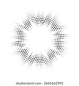 Radial halftone dots in Circle Form. Dotted fireworks explosion background. Starburst round Logo. Circular Design element. Abstract Geometric star rays.