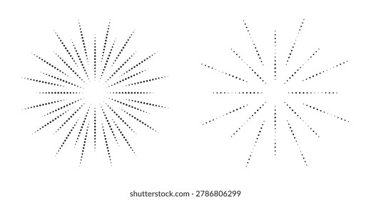 Radial halftone dots in Circle Form. Dotted fireworks explosion background. Starburst round Logo. Circular Design element. Abstract Geometric star rays.