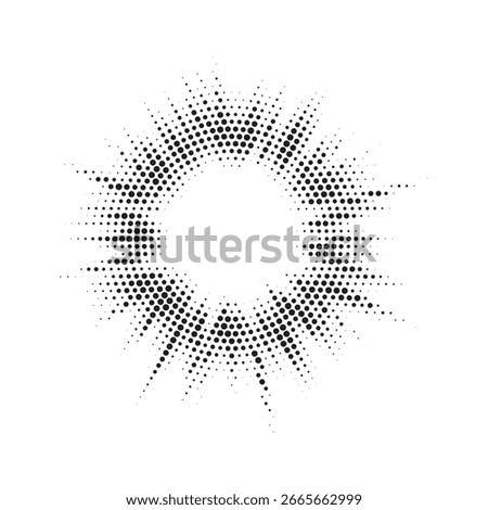 Radial halftone dots in Circle Form. Dotted fireworks explosion background. Starburst round Logo. Circular Design element. Abstract Geometric star rays.