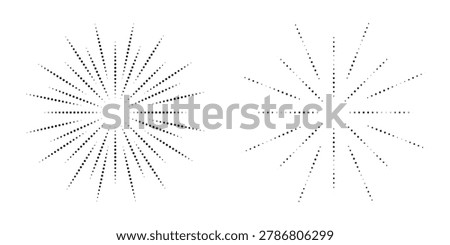 Radial halftone dots in Circle Form. Dotted fireworks explosion background. Starburst round Logo. Circular Design element. Abstract Geometric star rays.