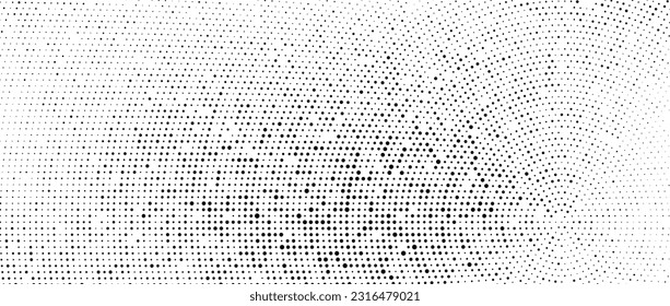 Radial halftone dots pattern. Dotted stains and spots gradient background. Concentric fading comic texture. Black and white rough gritty wallpaper. Grunge monochrome pop art backdrop. Vector