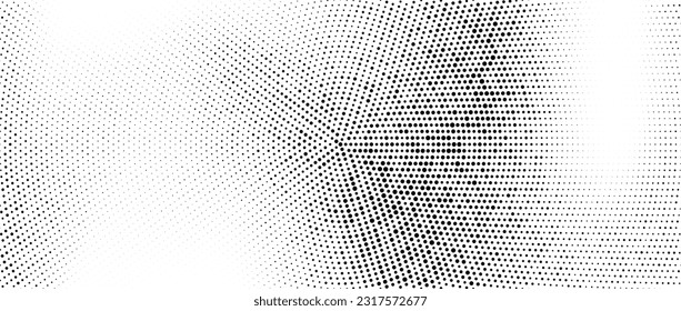 Radial halftone dots. Spotted and dotted gradient background. Concentric stains texture with fading effect. Black and white rough gritty wallpaper. Grunge monochrome geometric backdrop. Vector