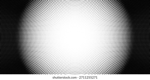 Radial halftone dots. Spotted and dotted stains gradient background. Concentric comic texture with fading effect. Black and white rough gritty wallpaper. Grunge monochrome geometric backdrop. Vector