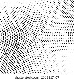Radialer Halbfone-Farbverlauf-Hintergrund. Dotierte konzentrische Textur mit verblasster Wirkung. Comic-Tapete mit schwarz-weißem Kreis. brüchiger Vektorhintergrund 