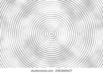 Radial halftone gradient background. Dotted concentric texture with fading effect. Black and white circle shade wallpaper. Grunge rough vector. Monochrome backdrop	