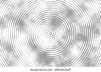 Radial halftone gradient background. Dotted concentric texture with fading effect. Black and white circle shade wallpaper. Grunge rough vector. Monochrome backdrop	