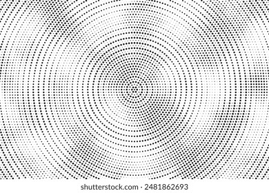 Radial halftone gradient background. Dotted concentric texture with fading effect. Black and white circle shade wallpaper. Grunge rough vector. Monochrome backdrop	