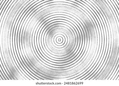 Radial halftone gradient background. Dotted concentric texture with fading effect. Black and white circle shade wallpaper. Grunge rough vector. Monochrome backdrop	