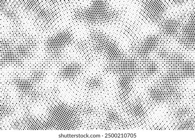 Radial halftone gradient background. Dotted concentric texture with fading effect. Black and white circle shade wallpaper. Grunge rough vector. Monochrome backdrop	