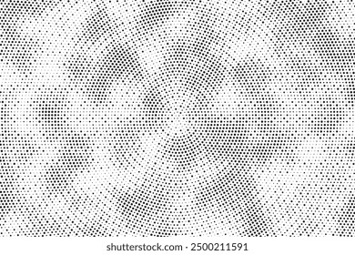 Radial halftone gradient background. Dotted concentric texture with fading effect. Black and white circle shade wallpaper. Grunge rough vector. Monochrome backdrop	