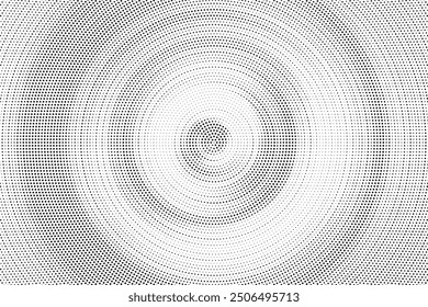 Fondo de degradado de semitono radial. Textura concéntrica punteada con efecto de desvanecimiento. Fondo de pantalla de sombra circular blanco y negro. Grunge Vector áspero. Fondo monocromático	