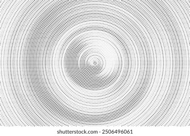 Radial halftone gradient background. Dotted concentric texture with fading effect. Black and white circle shade wallpaper. Grunge rough vector. Monochrome backdrop	