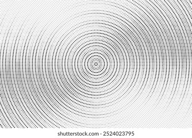 Radial halftone gradient background. Dotted concentric texture with fading effect. Black and white circle shade wallpaper. Grunge rough vector. Monochrome backdrop	