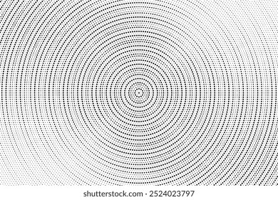Radial halftone gradient background. Dotted concentric texture with fading effect. Black and white circle shade wallpaper. Grunge rough vector. Monochrome backdrop	