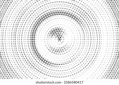 Radial halftone gradient background. Dotted concentric texture with fading effect. Black and white circle shade wallpaper. Grunge rough vector. Monochrome backdrop