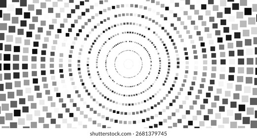 Fundo de gradiente de meio-tom radial. Textura concêntrica pontilhada com efeito de esmaecimento. Papel de parede cômico círculo preto e branco. Fundo de vetor grunge monocromático