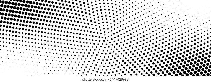 Radial halftone grunge fading texture. Vanishing dotted circle line background. Black pop art gradient backdrop. Retro comic cartoon noise for poster, overlay, cover, print. Vector grain wallpaper