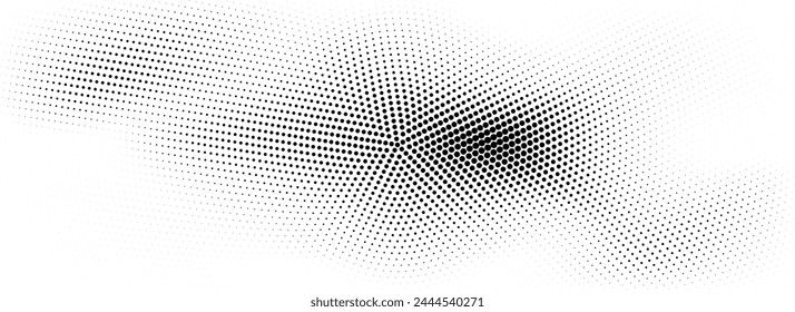 Radial halftone grunge texture. Abstract dotted circle line background. Black pop art comic dot gradient backdrop. Retro cartoon for poster, overlay, cover, print. Vector noise grain pattern wallpaper