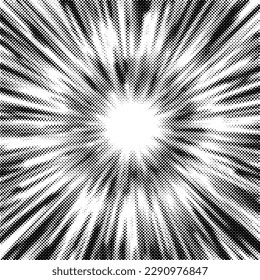 Radial halftone lines background. Comic manga dotted pattern. Cartoon zoom effect with sunrays or bang burst. Vector