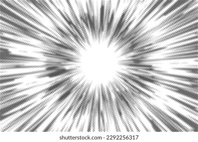 Fondo de las líneas de semitono radiales. Patrón punteado de manga cómica. Efecto de zoom de dibujos animados con rayos solares o explosión de golpes. Vector