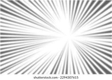 Radial halftone lines background. Comic manga dotted pattern. Cartoon zoom effect with sunrays or bang burst. Vector