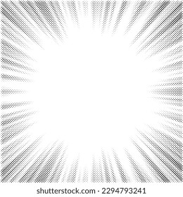 Radial halftone lines background. Comic manga dotted pattern. Cartoon zoom effect with sunrays or bang burst. Vector