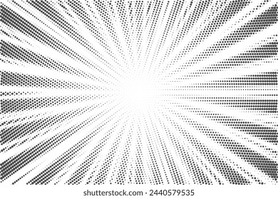 Radial halftone lines background. Comic manga dotted pattern. Cartoon zoom effect with sunrays or bang burst. Vector