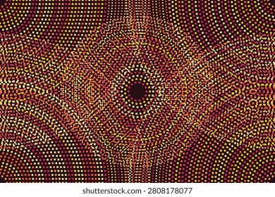 Radial halftone pattern with concentric red-orange dots on black background