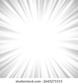 Textura de padrão de meio-tom radial. Vetor preto e branco radial ponto gradiente fundo para retro, vintage papel de parede efeito gráfico. Sobreposição de ponto de arte pop monocromática para ilustração de pôster