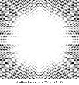 Radial halftone pattern texture. Vector black and white radial dot gradient background for retro, vintage wallpaper graphic effect. Monochrome pop art dot overlay for poster illustration