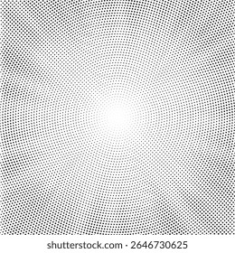 Radial halftone pattern texture. Vector black and white radial dot gradient background for retro, vintage wallpaper graphic effect. Monochrome pop art dot overlay for poster illustration