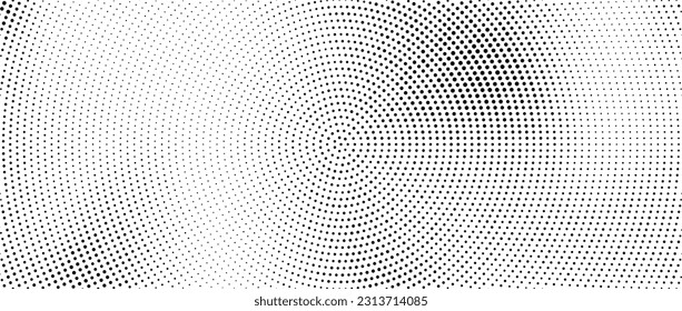 Radial halftone spotted gradient background. Dotted stains concentric texture with fading effect. Black and white circle shade wallpaper. Grunge rough vector. Monochrome geometric backdrop 
