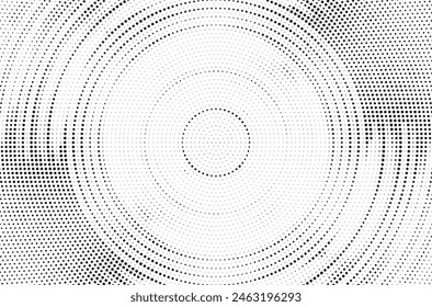 Radial halftone spotted gradient background. Dotted stains concentric texture with fading effect. Black and white circle shade wallpaper. Grunge rough vector. Monochrome geometric backdrop. 